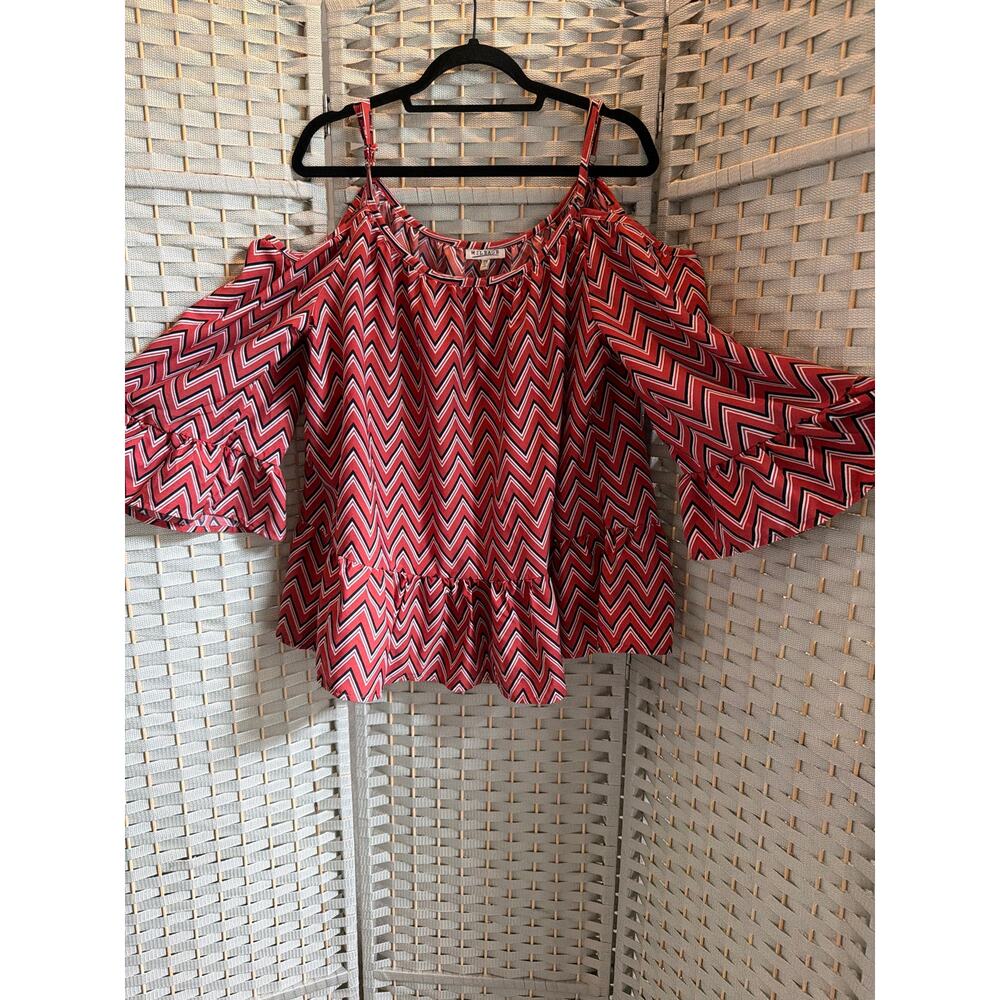 Mileage Womens 2X Red Chevron Cold Shoulder Blouse Ruffle Sleeve Boho Top